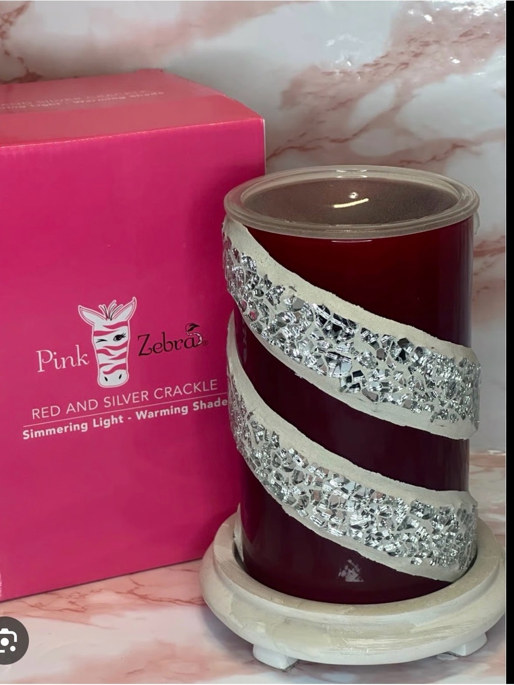 Pink Zebra Deep Red Warmer with Silver Crackle Spiral white base